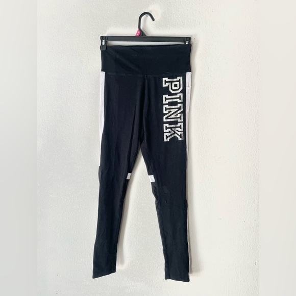 PINK Victoria's Secret Pants - Victoria’s Secret PINK Black White Silver‎ Logo Dog Flat Yoga Leggings Size M